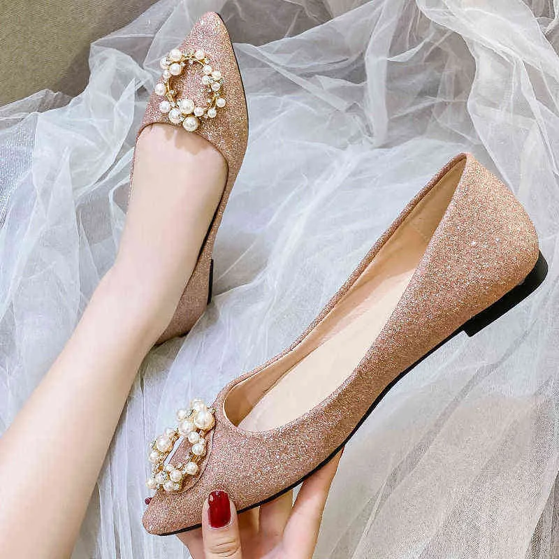 Perle Perle Blume Hochzeit Schuhe Frau Luxus Gold/silber Glitter Wohnungen 34-44 Große Größe Braut Schuhe spitz Chaussure Femme
