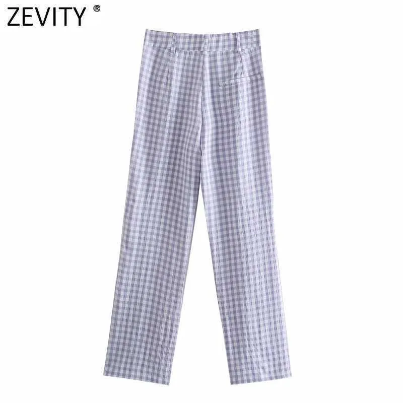 Zevity Frauen Vintage Plaid Print Casual Gerade Hosen Retro Weibliche Seite Zipper Pantalones Mujer Chic Lange Hosen P1033 210707