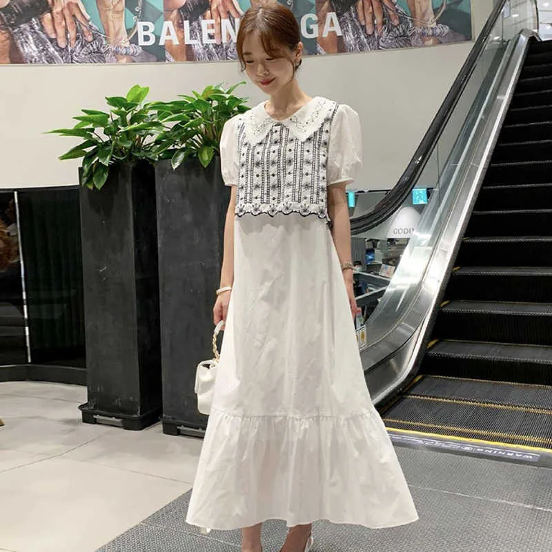 Korejpaa Women Dress Summer Korean Chic Elegant Temperament Doll Collar Flower Embroidery Stitching Puff Sleeve Vestidos 210526