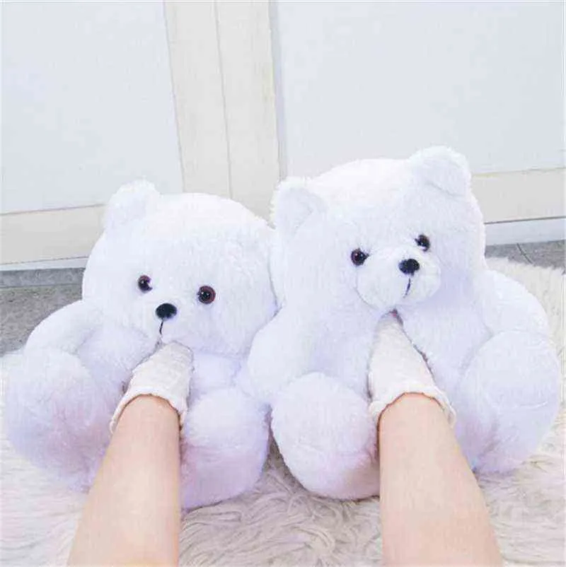Cartoon Plush Teddy Bear Slippers Women Home Indoor Soft Anti-Slip Faux Fur Cute Slippers Winter Light Couples Warm Shoes H1122