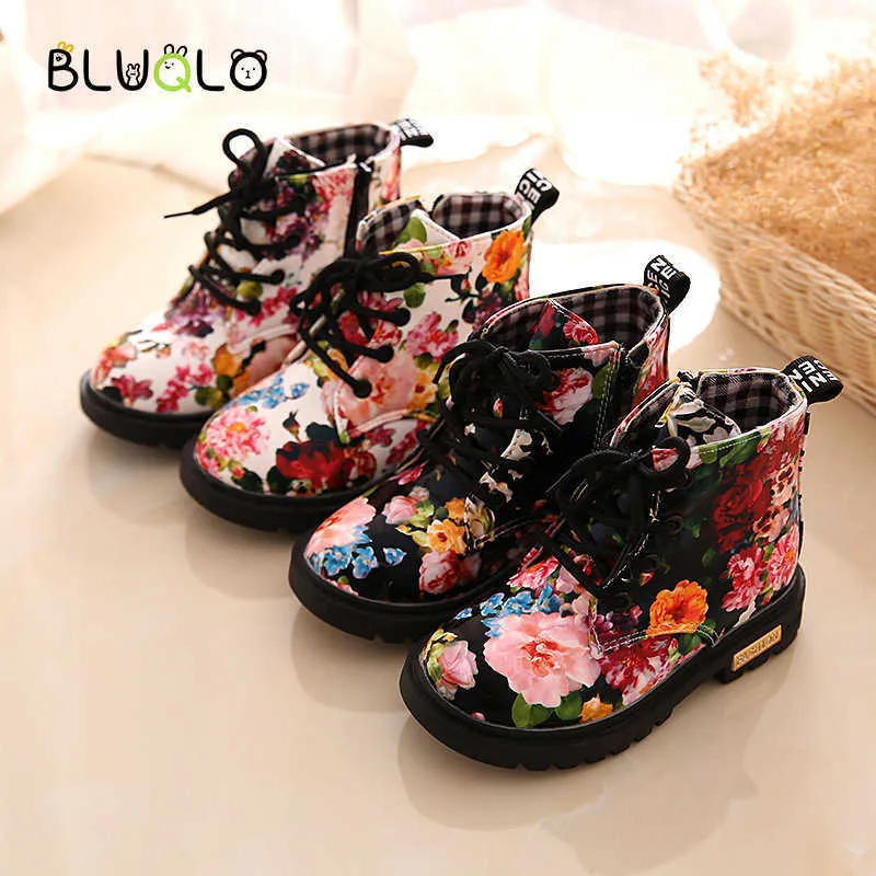 Autumn Girls Boots PU Leather Waterproof Kids Children Baby Shoes Fashion Flower Zip Rome Girl Martin Printing 210918