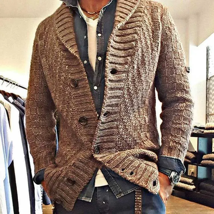 Vetement Homme Fall Addensare Colletto rovesciato Cardigan lavorato a maglia Mens monopetto marrone Casual stile coreano Top Manteaux 210604