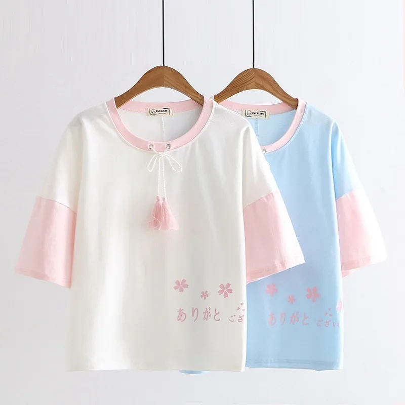Yupinciaga Femmes Japonais Mori Mori-Cou Soux Tee Tee Tops Colorblock Tassel Sakura Imprimer T-shirt en coton à manches courtes T200616