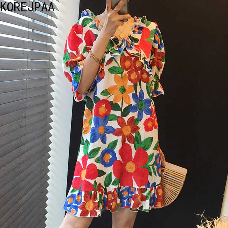 Korejpaa Women Mini Dress Korea Chic Summer Retro Elegant Print V-neck Wooden Ear Stitching Loose Flared Sleeve Vestido 210526