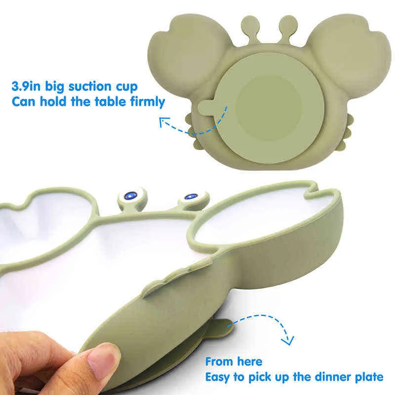 Bopoobo Baby Dishes Silicone Suction Plate Cute Crab Children Feeding Plate Non-Slip Baby Food Feeding Bowl For Children G1221