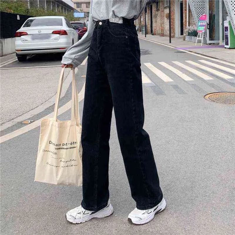 Höst High Waist Wide Leg Jeans Kvinnors Straight and Thin Loose Vintage Black Pants Casual Denim Long Jean Pant för Girls 211206