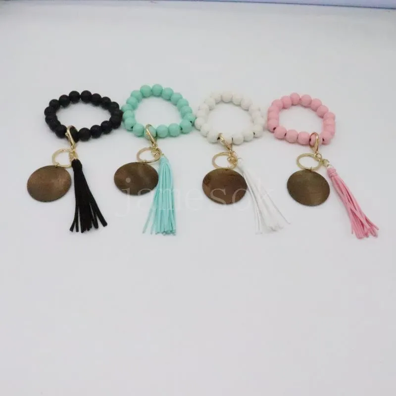 Wood beaded bracelet keychain blank disc tassel key ring pendant pure multicolor optional DD533