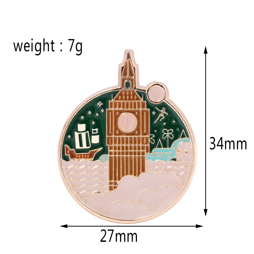 Inglaterra retro arquitetura sino torre esmalte broche o céu noturno nuvens edifício terno lapela pino moda charme jóias unisex 2010211s