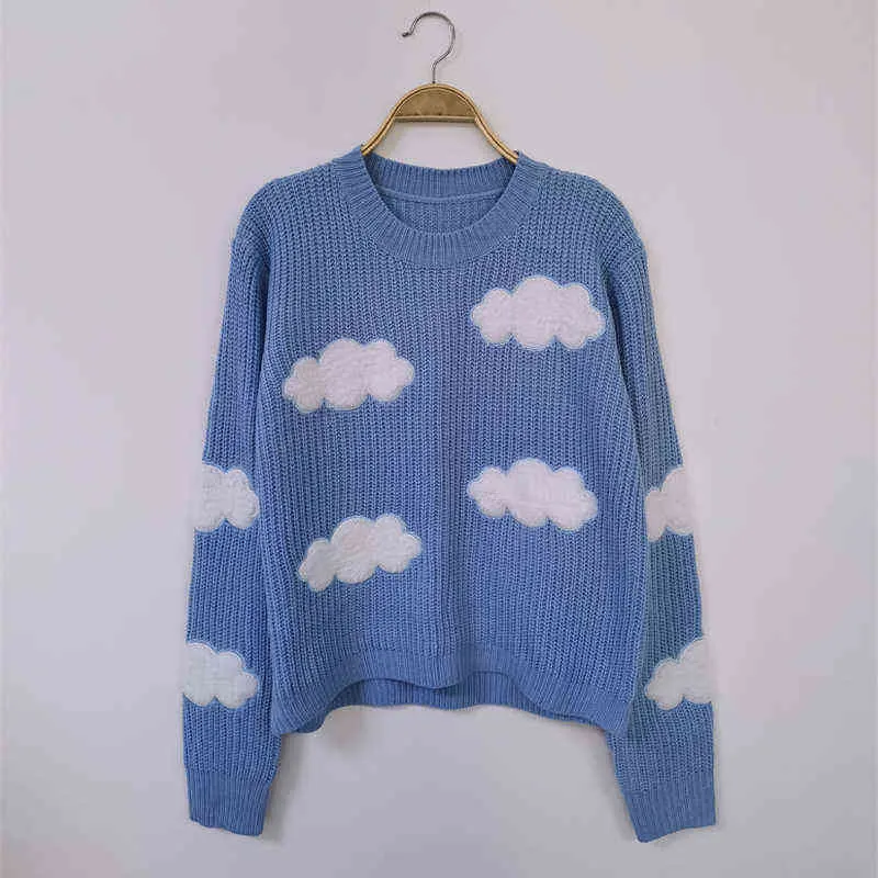 Women's Cozy Clouds Sweater Cute Cartoon Long Sleeve Crew Neck Pullover Jumper Fall Winter Knit Tops / 211103