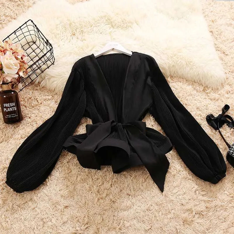 Deat Autumn Women Fashion V-Neck Office Lady Lace Up Bow Decoration Ruffle Lantern Lantern Long Mariffon Shirt RC412 210709