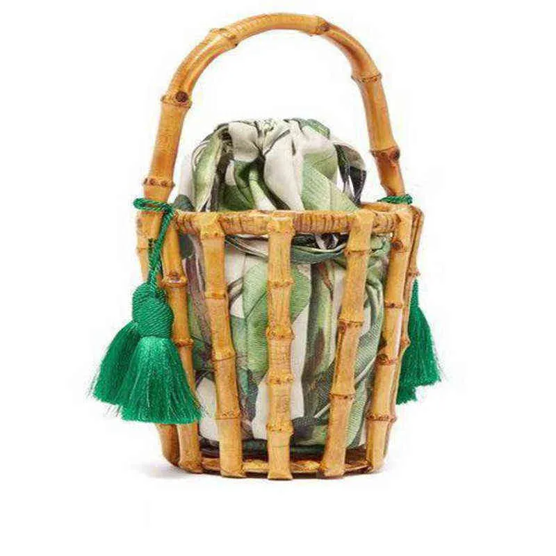 Shopping Bags Handmade Woman Tassel Woven Bamboo Handbag Stitching Clutch Bucket Hollow Bali Holiday Beach 220303