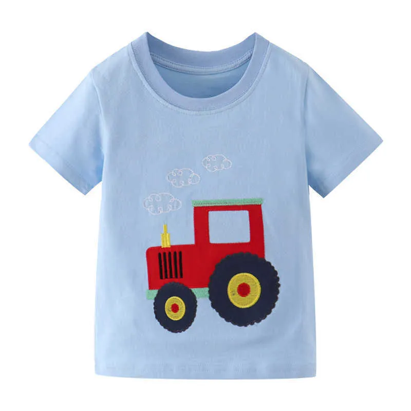 Springende meter Zomer 100% katoen auto applique baby kleding jongens streep t-shirts aankomst kinder tops kinderen tees 210529