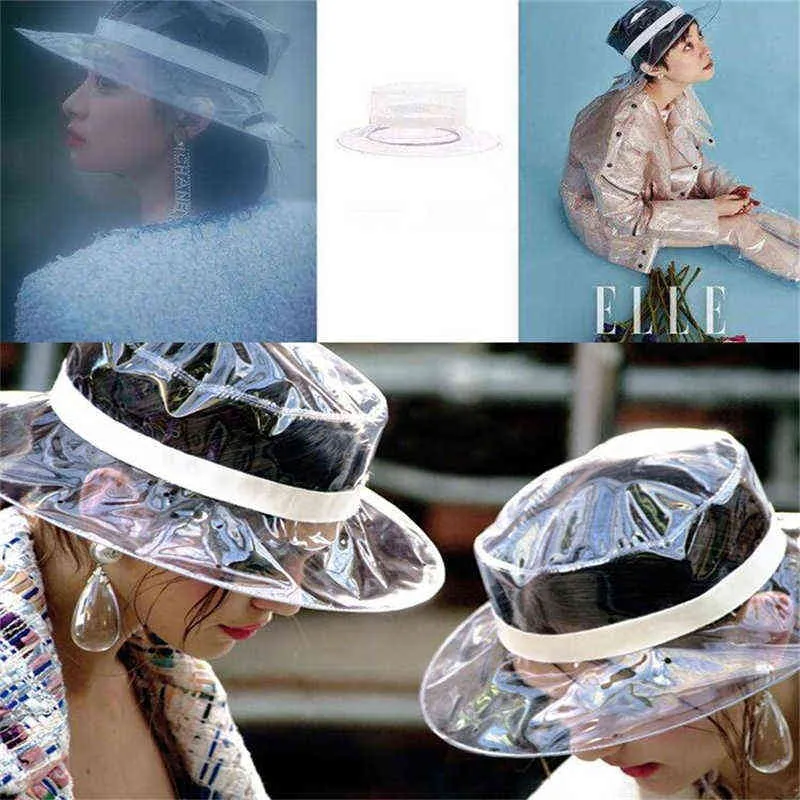 Secchielli da donna trasparenti solidi Cappelli Cappellini Ragazze Gorras Ladies PVC Beach Visiera da sole Cappello da pioggia impermeabile Cappello a tesa larga in plastica 211119