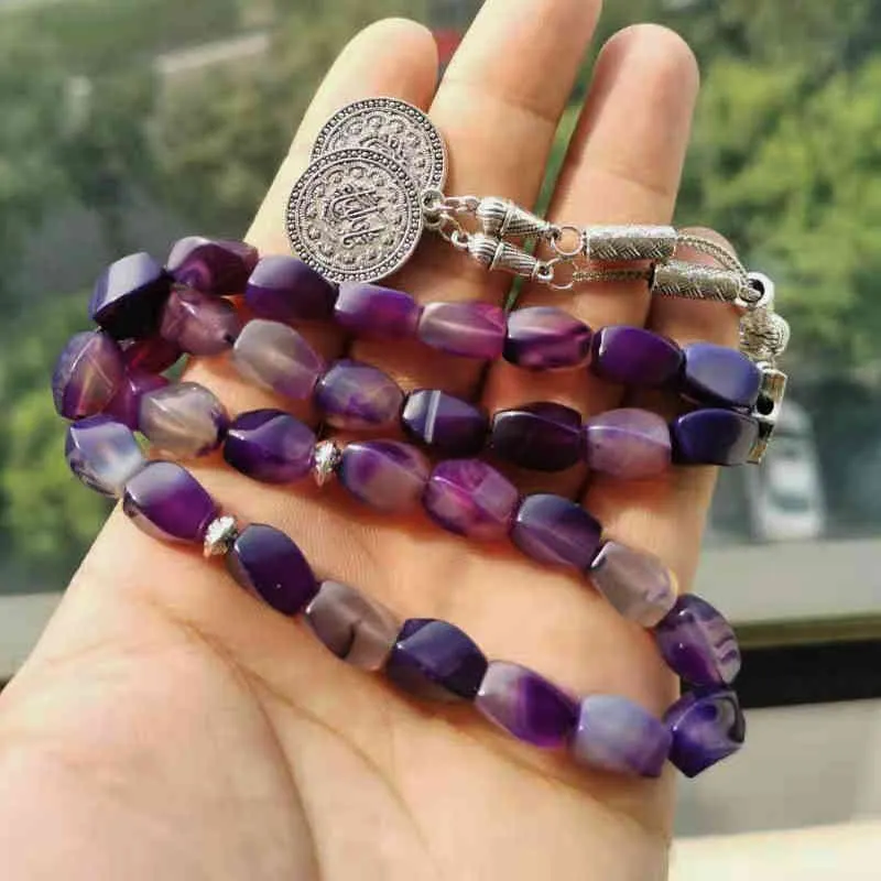 Tasbih Natural Purple Agates Stone Turkse Sieraden Islamitische Saudi Man Misbaha 33 Armband Rosary Bead Moslim Mode Gift