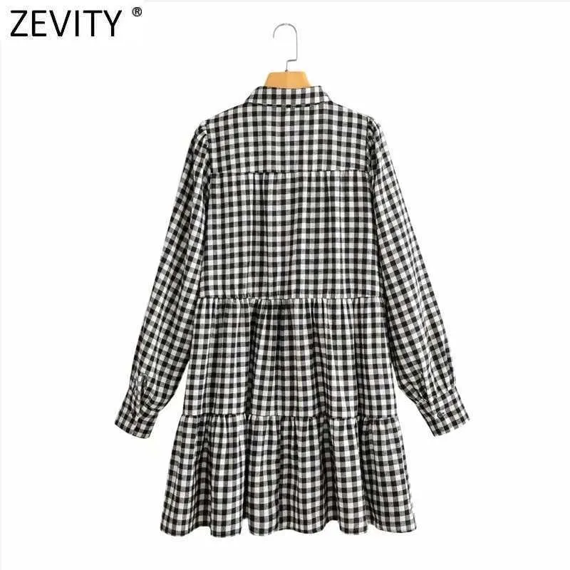 Zeefity Dames Mode Plaid Print Plooien Shirt Jurk Vrouwelijke Chic Puff Sleeve Zakken Casual Business Mini Vestido DS8315 210603