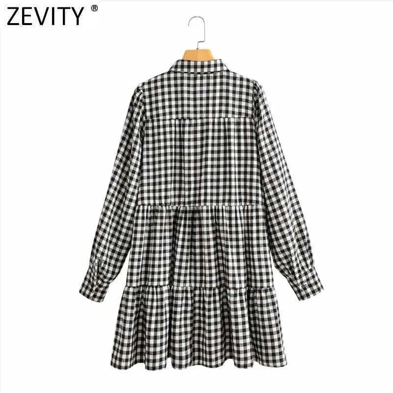 Zevity Women Fashion Plaid Print Plats Koszula Sukienka Kobieta Chic Rękaw Puff Sleeve Kieszenie Casual Business Mini Vestido DS8315 210603