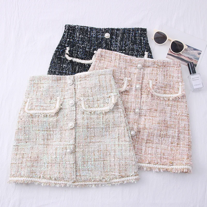 Tweed Skirts for Women Solid High Waist Slimming Skirts Autumn Spring Buttons Double Breasted Tweed Wool Mini Skirt 210311