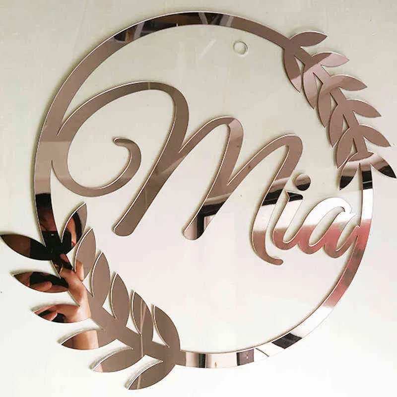 Custom Dörrskylt Namn Personlig Spegel Rose Guld Bröllopsnamn Sign Baby Shower Signature Party Room Decor Laser Cut 211216