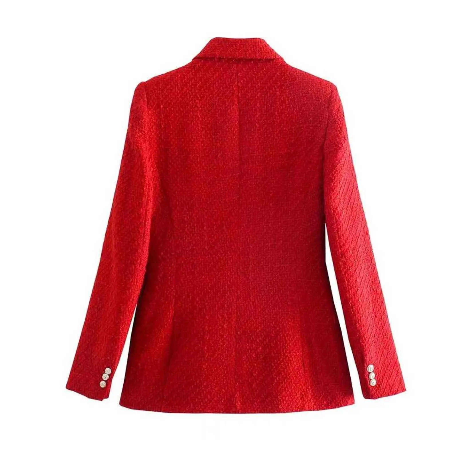 TRAF Woman Blazer Za Blue Women Tweed Jacket Manga Comprida Duplo Peito Vermelho Vintage Office Elegante 211122