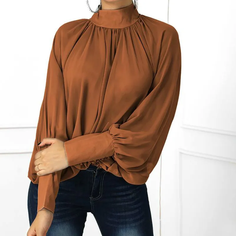 women blouse Lantern Sleeve Wide Cuff Ruched Blouse chiffon blouse Mandarin Collar shirts leisure OL style streetwear 210308