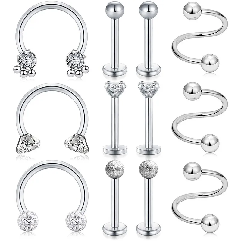 12 sztuk 16g Chrząstki Helix Tragus Twist Spiral Horseshoe Barbell Kolczyki Labret Piercing