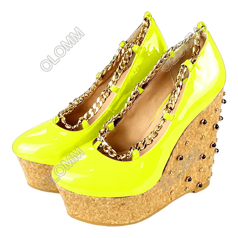 Olomm, zapatos de plataforma brillantes hechos a mano para mujer, tacones de cuña con tachuelas, punta redonda, es, zapatos de Club nocturno para mujer, tallas grandes de EE. UU. 5-20