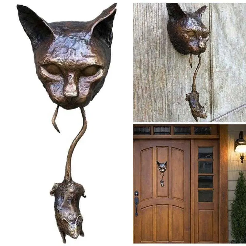 Gato e mouse porta aldrava escultura enferrujado marrom ferro fundido parede resina ornamento acessórios casa decoração do jardim artesanato 2106075884031