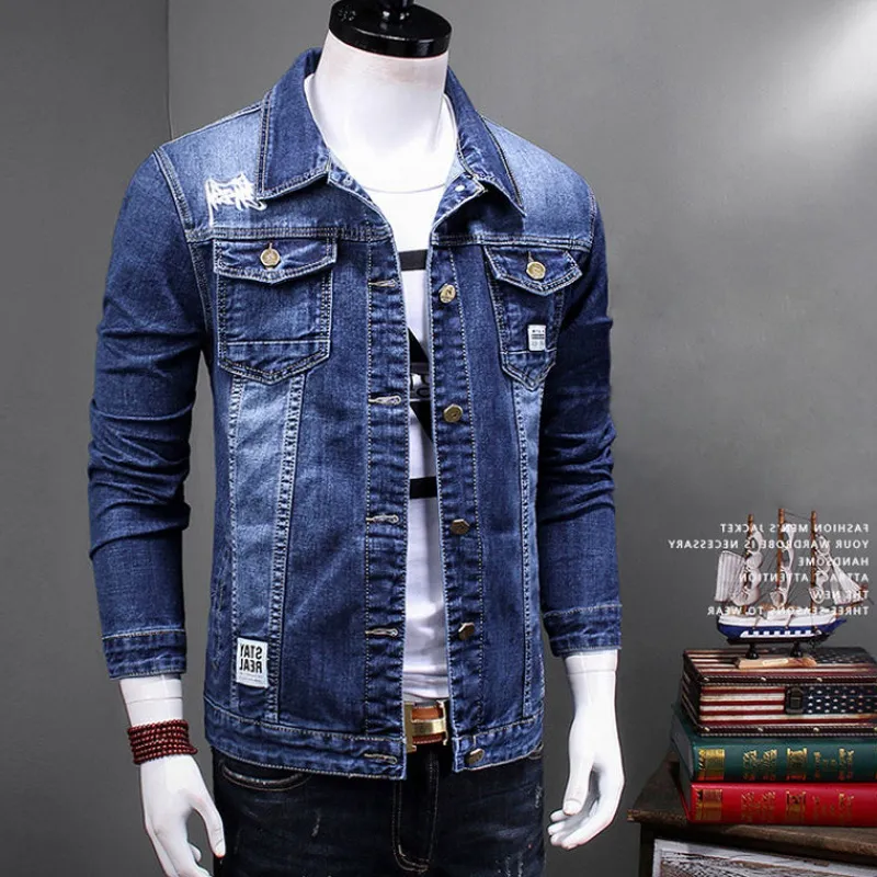 Printemps 2021 mode hommes vêtements décontracté Hip Hop mâle coréen mince vêtements broderie Slim Fit moto Denim veste homme