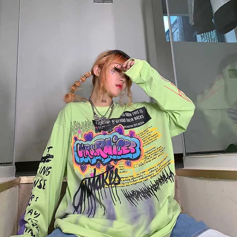 NiceMix mode coréen Streetwear dames automne Punk hauts t-shirts femmes imprimé à manches longues t-shirts décontracté Hip Hop vêtements 210306
