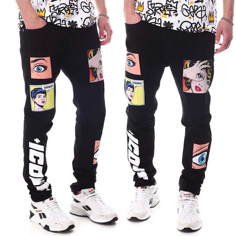 Män svarta jeans byxor denim mens streetwear print skelett high wasit smal penna overall 210716