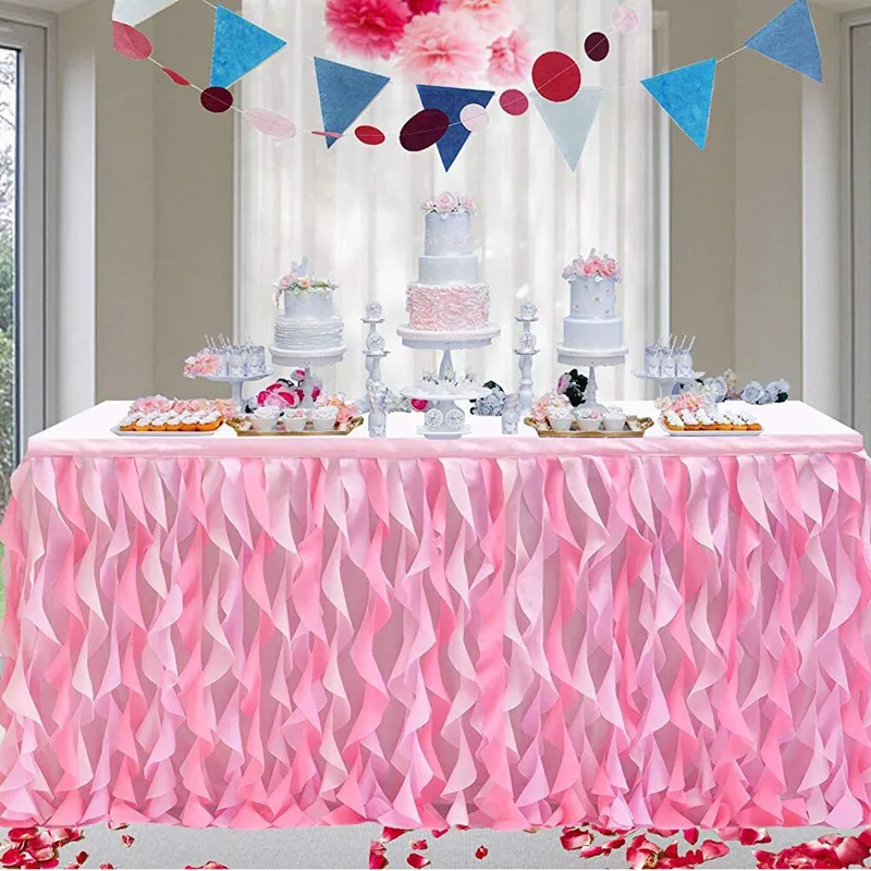 手作りピンクの波状チュールテーブルスカートウェディングデザートブリットデイテーブル装飾テーブルシグネチャーホームデコレーション18577cm 201007