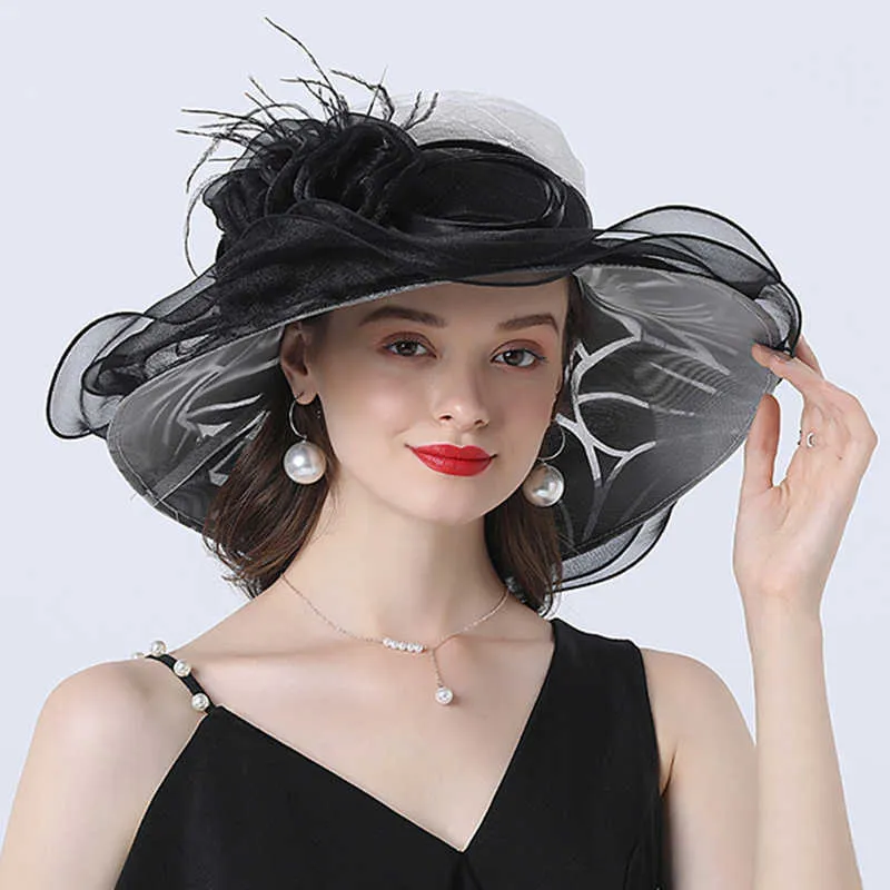 Women Summer Church Hat Organza szeroki brzeg słońca Ladeis Fascynator dla Kentucky Derby Wedding Bridal Dress Party 210531218Z