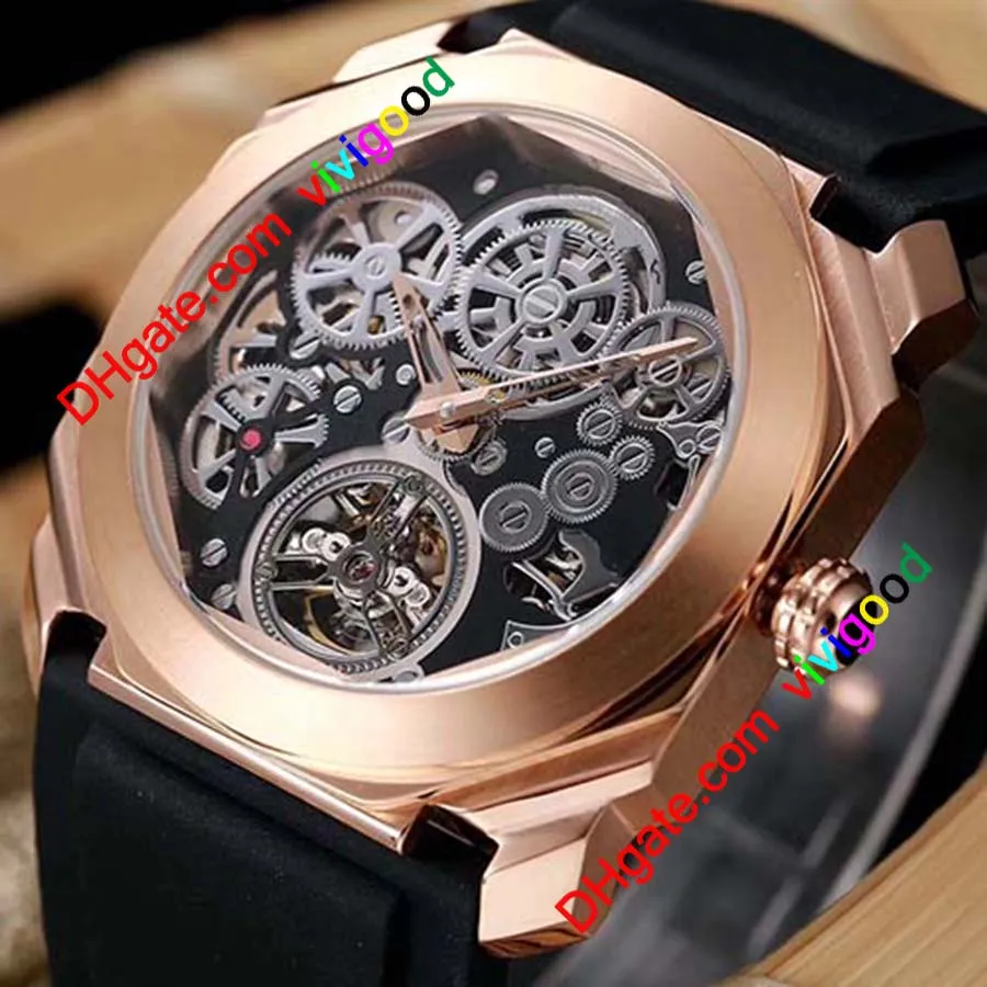 Fashion 4 Style Octo Finissimo Tourbillon 102719 Skeleton Automatic Mens Watch Rose Gold Rubber Strap High Quality Gent New Watche269c