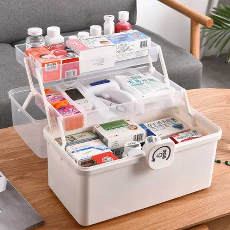Boîte à médicaments Kit de premiers secours Portable boîte de rangement en plastique organisateur de stockage familial multifonctionnel avec poignée grande capacité 210315261n
