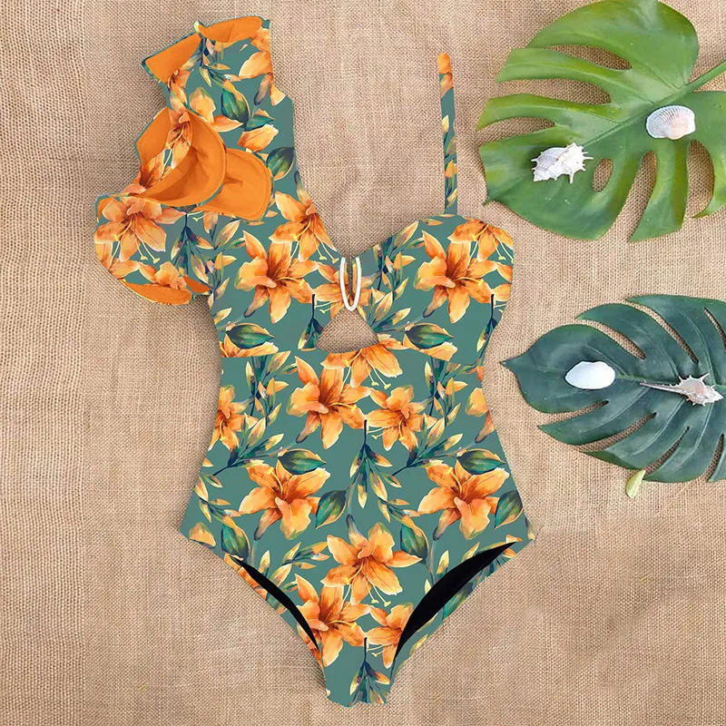 Sexy um ombro plissado maiô impressão floral banho feminino maiô beachwear monokini 2202261682092