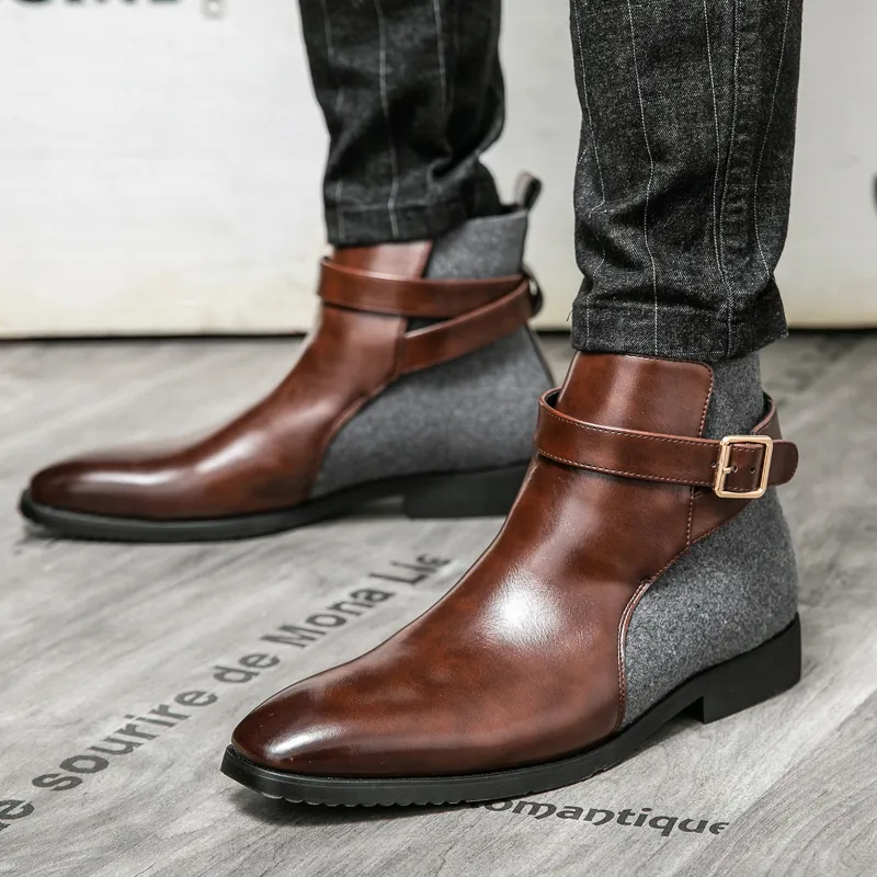 남자 신발 2021 새로운 봄 가을 보otines 부츠 단순한 라운드 발가락 PU 가죽 드레스 클래식 편안한 사무실 DP077