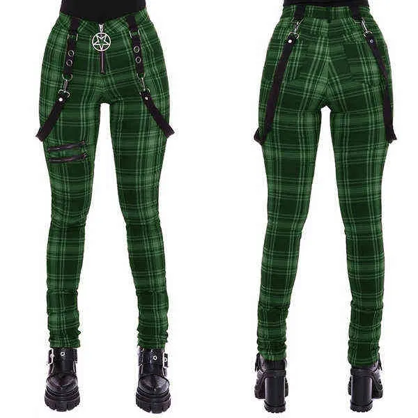 체크 무늬 바지 여성 높은 허리 Y2K 펑크 바지 여름 봄 Streetwear 여자 패션 슬린 맞는 패치 워크 지퍼 고딕 양식의 바지 211216
