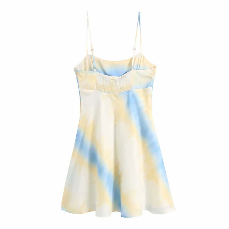 Za Tie Dye Satin Sommarklänning Kvinnor Ärmlös Spaghetti Straps Baklösa Sexiga Party Klänningar Kvinna Elastisk Retro Mini Dress 210602