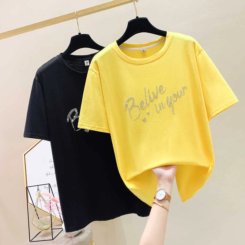 Lettre Diamond Plus-Taille T-shirt à manches courtes pour femmes Harajuku Lâche Casual Summer Coton T-shirt Top Tee Femme 4XL 210604