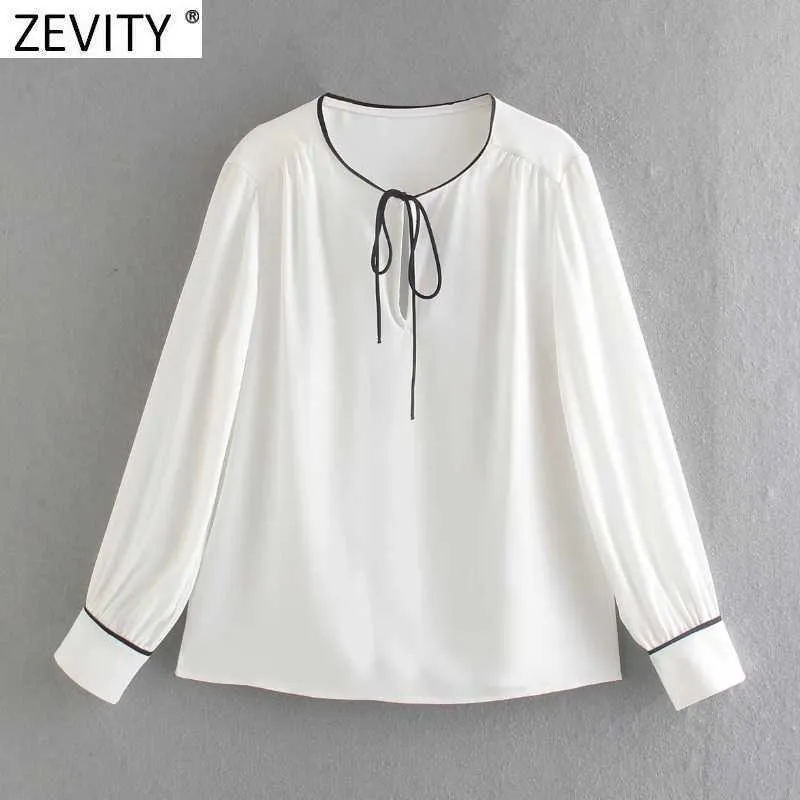 Zevity Women Sweet Black Edge Camicetta grembiule in chiffon bianco Pieghe femminili Camicia kimono manica lunga Chic Blusas Top LS7654 210603