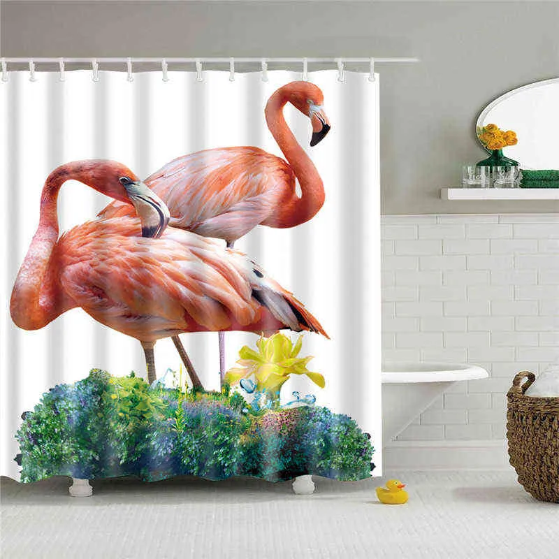 Flamingo Rideaux De Douche Plante Tropicale Feuilles Fleur Drôle Animaux Oiseau Motif Imprimer Style Européen Salle De Bains Suspendus Décor Ensemble 211116