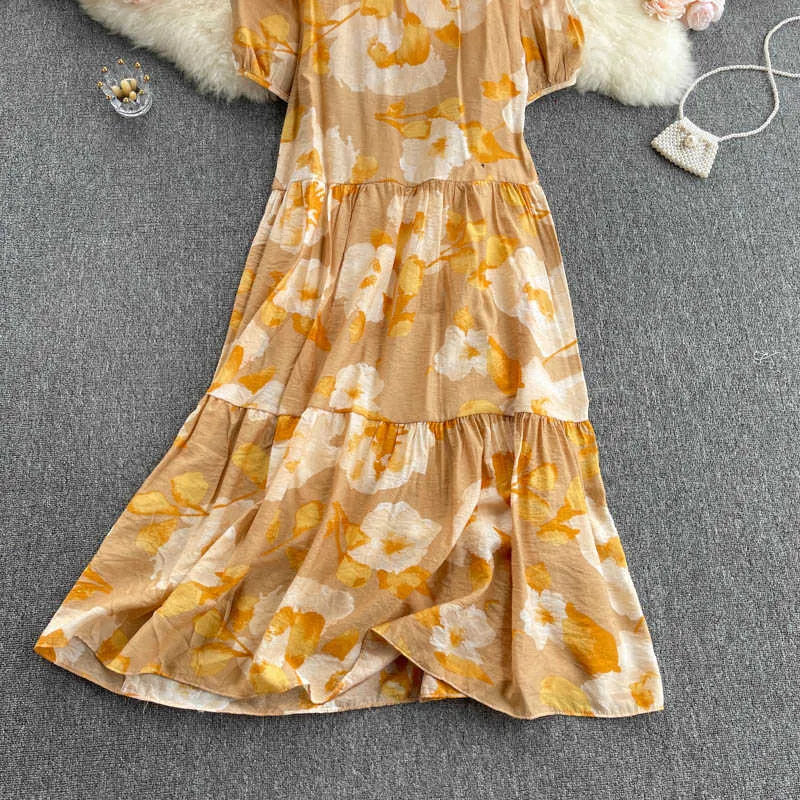 Bohemian Giallo/Bianco Stampato Abito Longuette Donna Elegante Scollo A V Manica Corta A Soffio Abiti Allentati Femminile Vacanza Al Mare Estate 2021 Y0603