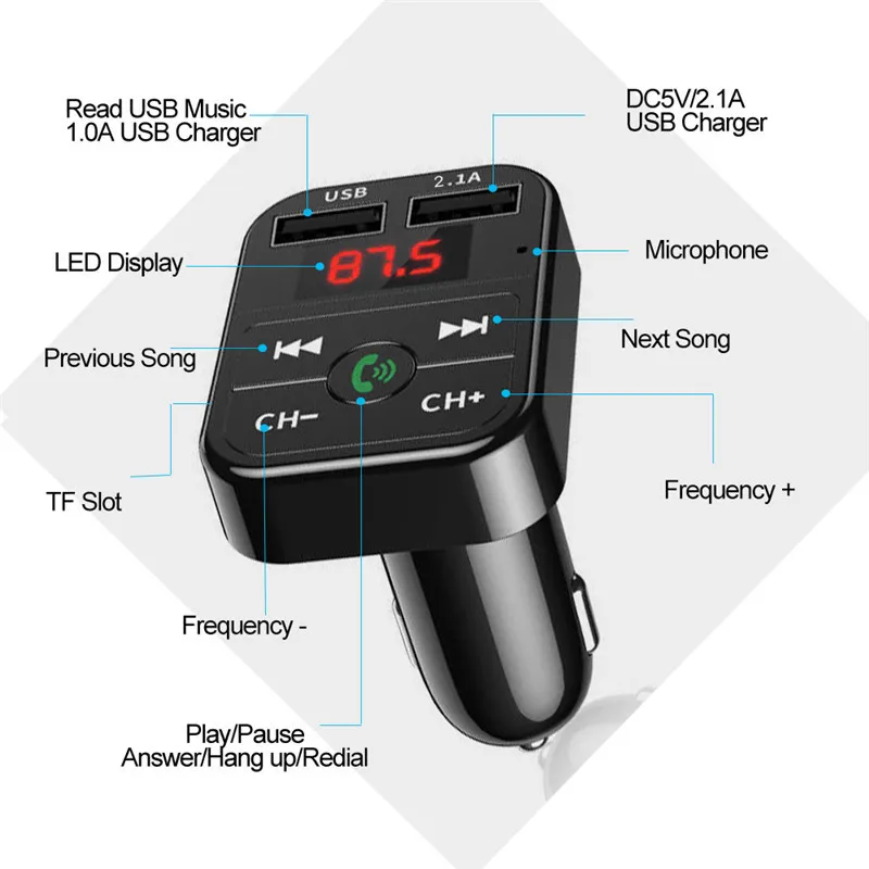 Dual USB-telefon Bluetooth 5.0 Transmitter Hands FM Modulator 3.1a Fast Charger Bil Tillbehör MP3-spelare