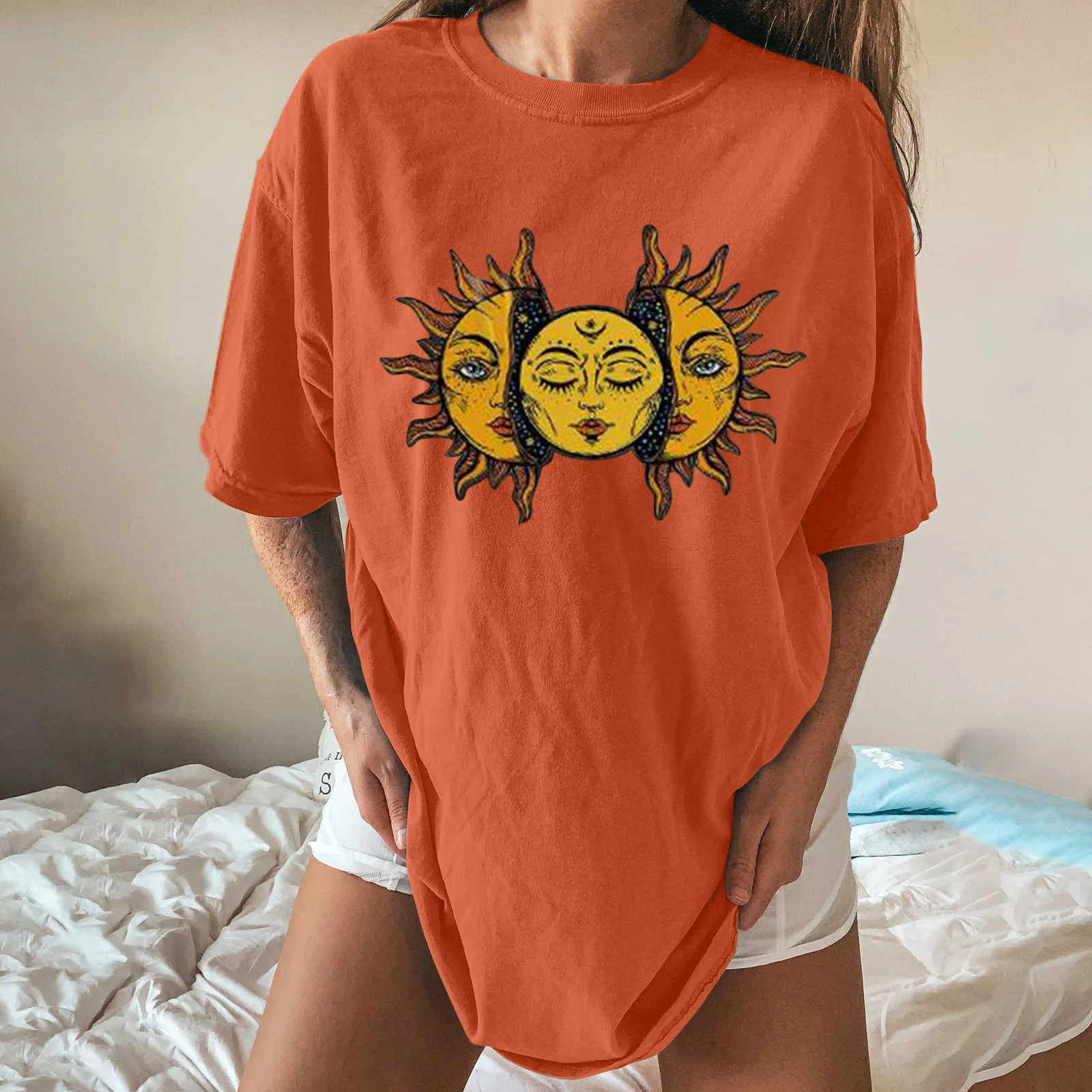 Printemps soleil et lune imprimé pull haut t-shirt été femme lâche à manches courtes décontracté col rond personnalité imprimé t-shirt 210623