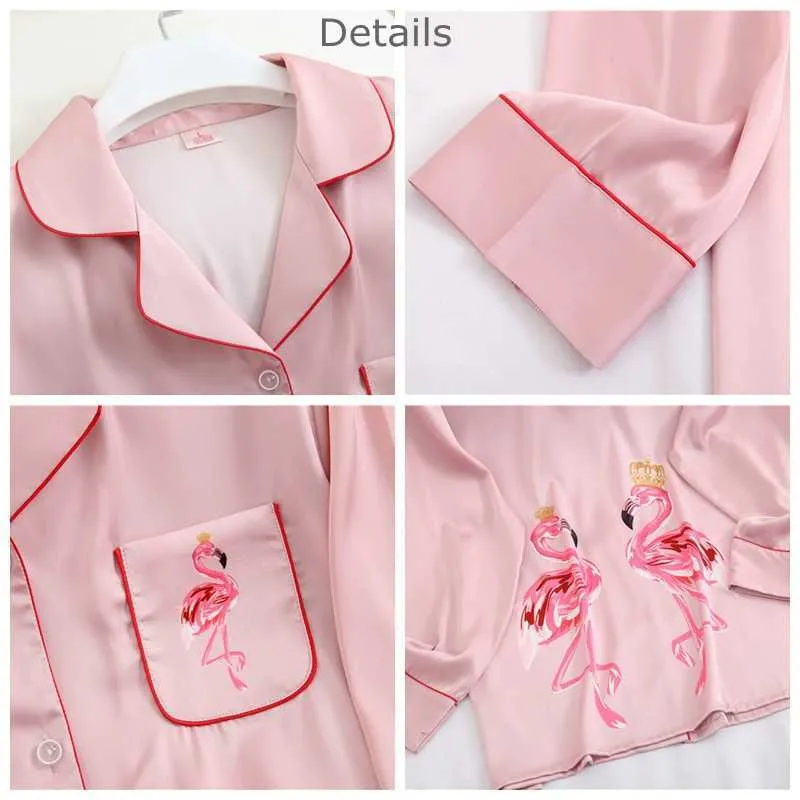 Lipiec Piosenka Faux Silk 2 Sztuk Piżamy Zestaw Kobiety Jesień Wiosna Różowy Flamingo Drukowane Piżamy Długie Rękawy Spodnie Pleasear Suit 210809