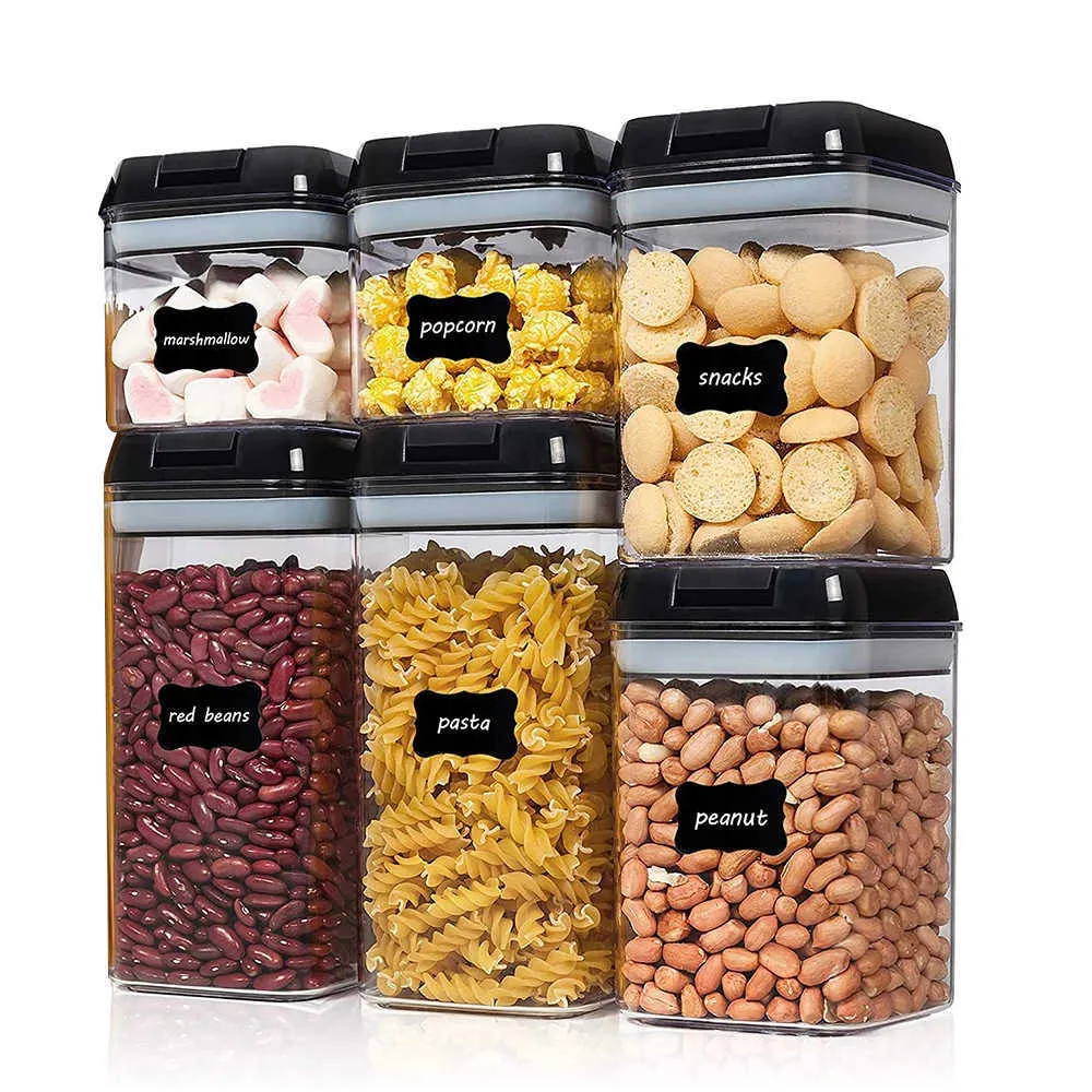 Contenedor hermético de almacenamiento de alimentos 6 uds., contenedor de plástico para alimentos, tarro de almacenamiento sellado multigrano para cocina, latas para cereales a granel 211110