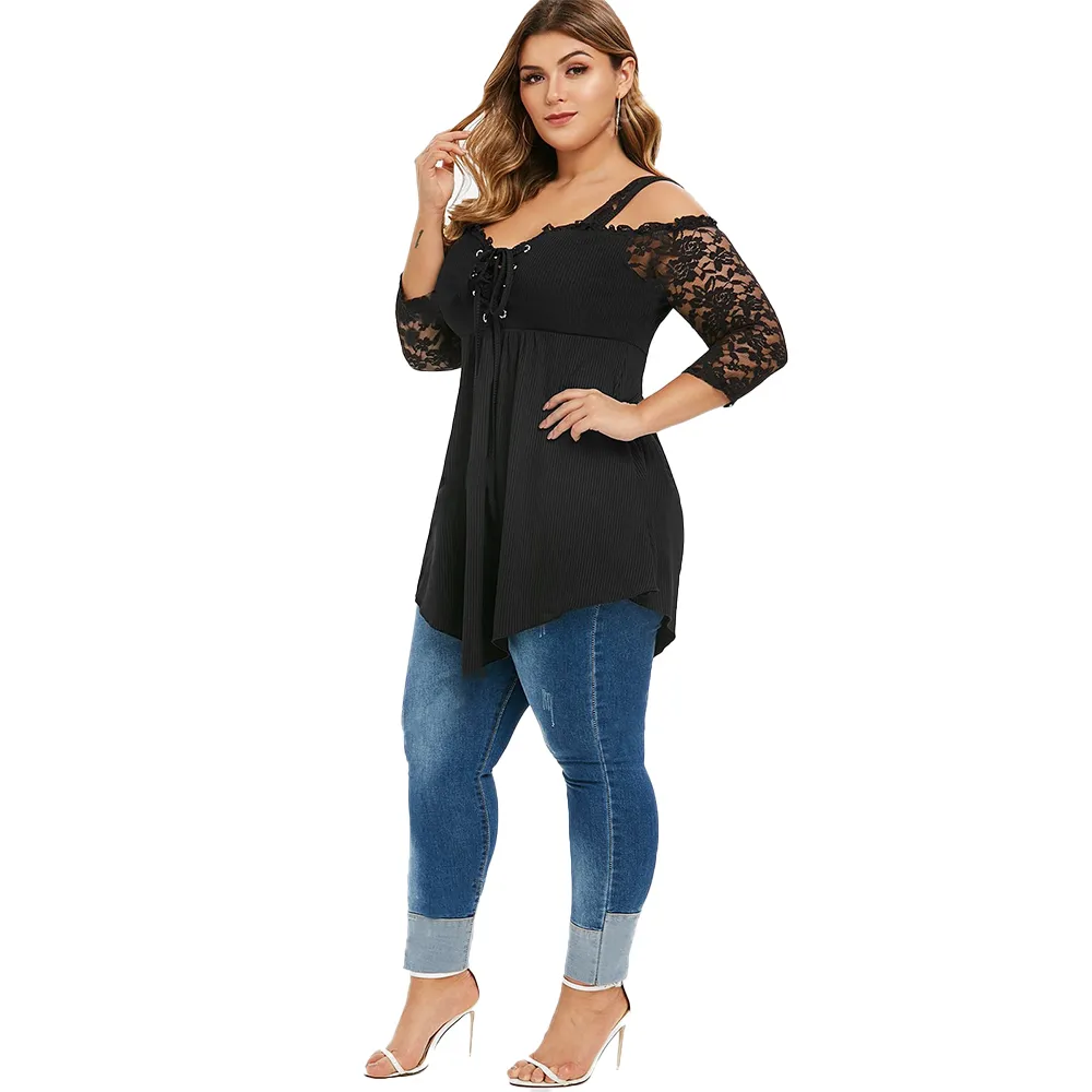 6XL Plus Größe Frauen Hemd Schulterfrei Damen Tops Spitze Langarm Schwarze Blusen Hemd Lässige Unregelmäßige Streetwear Femme D25 210302