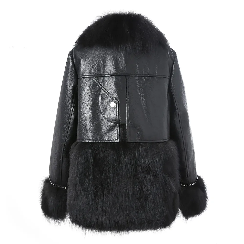 Moda Preto Jaqueta De Couro Mulheres Roupas Real Fox Fur Casacos Inverno Quente Senhora Outerwear Genuine Sheepskin S3504