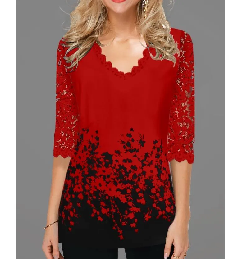 Plus Size 4xl 5XL Shirt Blouse Female Spring Tops V-neck Half Sleeve Lace Splice Print Boho Women shirt 210308