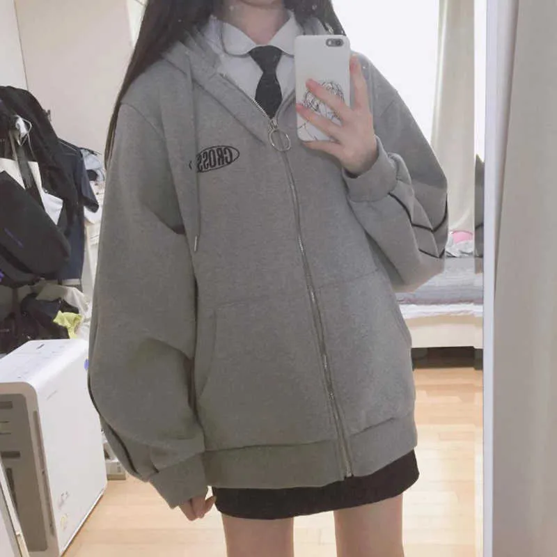 Streetwear Harajuku Sublançado Suave Mulheres Imprimir carta Zip Up Hoodies Student Plus Size Outwear Feminino Solto Tops 210816